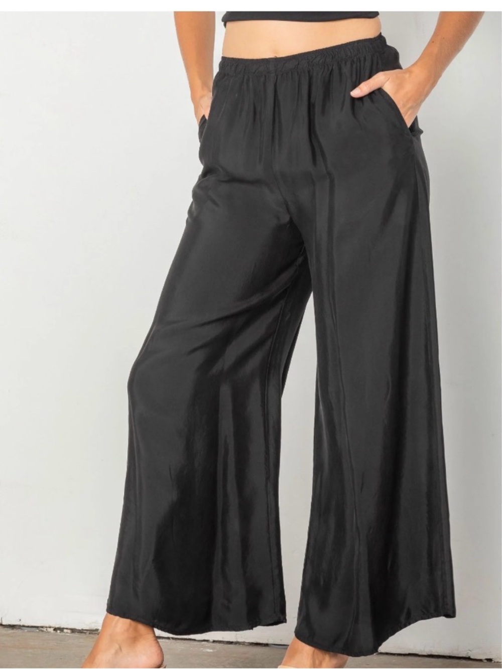 IC COLLECTION Black Satin Wide-Leg Pants